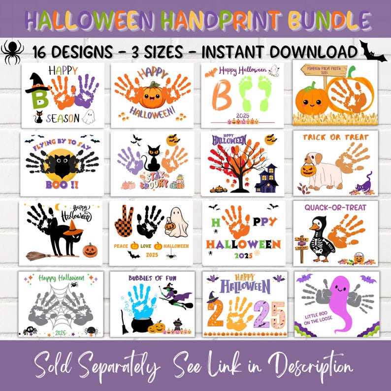 Puede incluir: Un paquete digital de huellas de manos para Halloween con 16 dise&ntilde;os en 3 tama&ntilde;os para descarga instant&aacute;nea. La colecci&oacute;n incluye varias ilustraciones de calabazas, fantasmas, gatos y murci&eacute;lagos, integrando huellas de manos y pies.