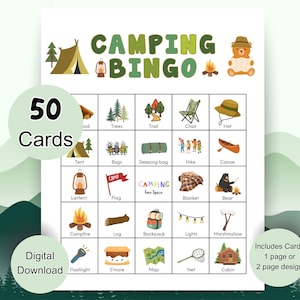 Juego de Bingo de Camping, 50 Tarjetas de Bingo de Camping Imprimibles, Juego de Fiesta de Camping, Divertido Juego Familiar, Actividad de Camping para Niños, Fácil de Imprimir y Jugar