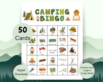 Camping Bingo Game, 50 Printable Camping Bingo Cards, Camping Party Game, Fun Family Game, Camping Activity for Kids, Easy to Print and Play