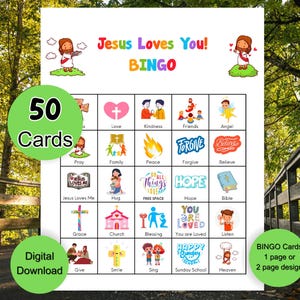 Kirchen-Bingospiel, 50 druckbare Bingokarten, Jesus liebt dich Sonntagsschulspiel, Kirchenlager-Aktivität, Jugendgruppen-Bingo, einfach zu drucken, VBS