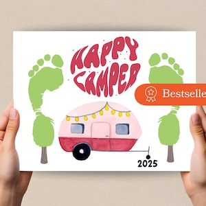 Summer Footprint Art.  Happy Camper Craft for Babies, Toddlers. Activity Preschool and Daycare Crafts, Summer Picnic Crafts, Camping Crafts.