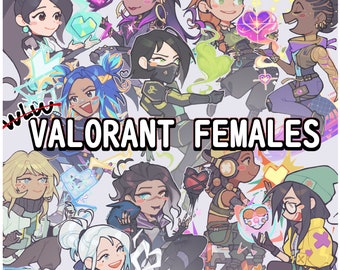 Puede incluir: Una ilustración colorida de personajes femeninos del videojuego Valorant. Los personajes se representan en una variedad de poses y expresiones, algunos sosteniendo armas u otros objetos. El texto "VALORANT FEMALES" está escrito en letras grandes en la parte inferior de la imagen.
