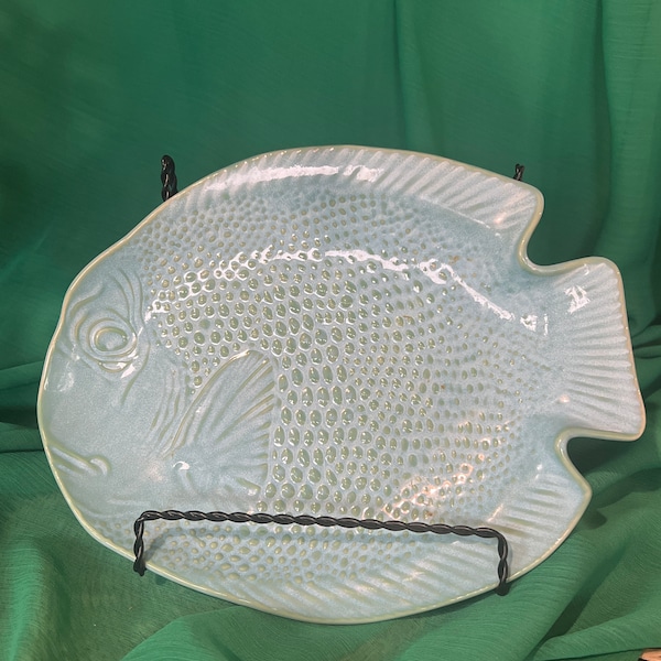 Vintage Turquoise Fish Platter 9.5” x 7.5” Great coloring & Character with raised enamel for scales