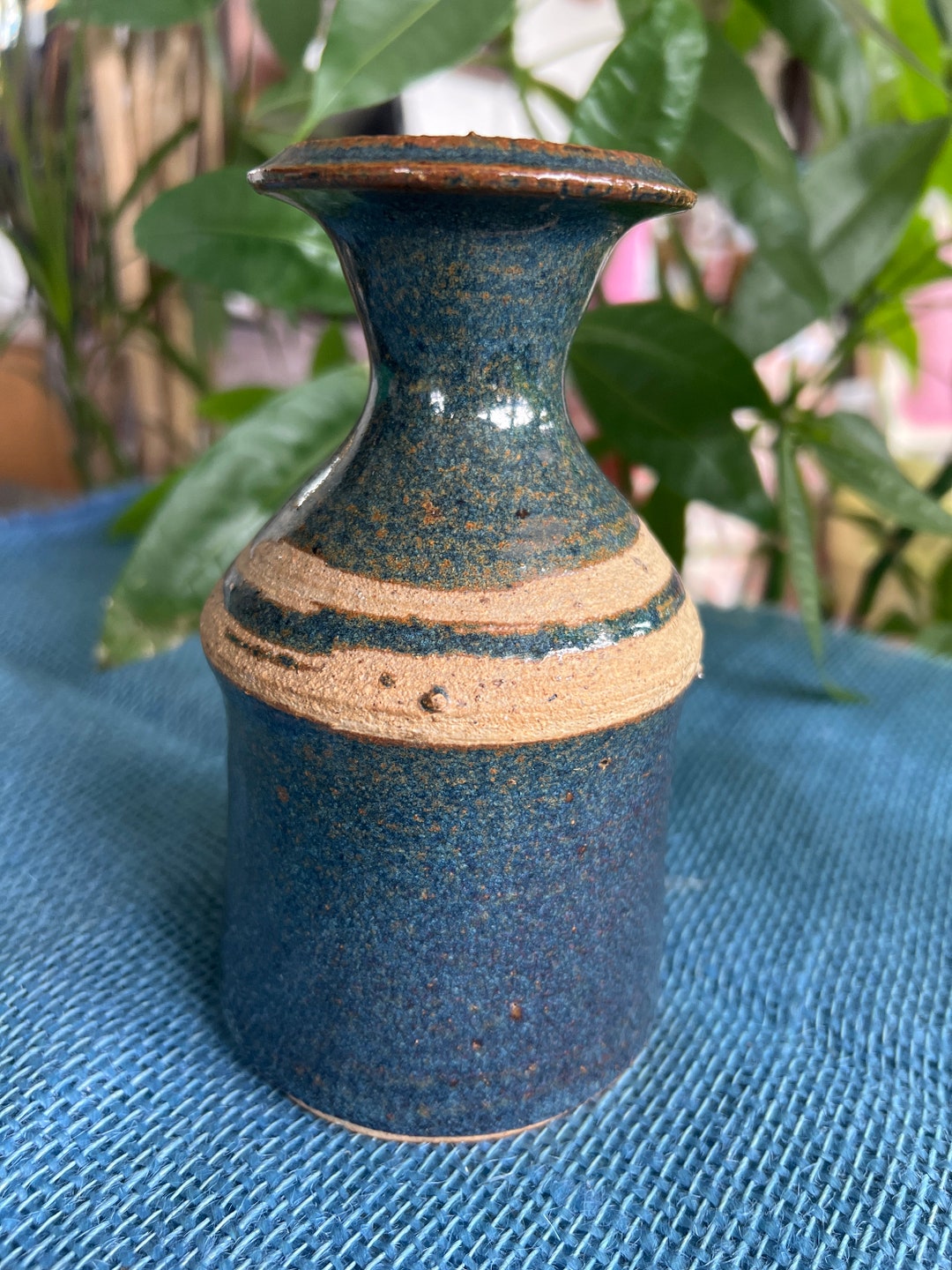 1980s Hand Thrown Pottery Vase Blue & Stone Colors Etsy