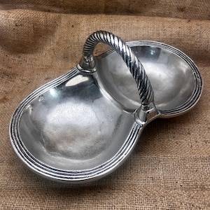 SILVER DOUBLE SIDED Dish with Handle Decorative Handle and Edges 11.25” long 6.75” wide 5.5” tall at handle