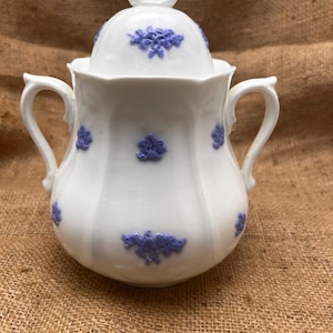 May include: White porcelain sugar bowl with a lid and two handles. The bowl is decorated with raised blue floral designs. The lid has a loop handle. The sugar bowl is sitting on a brown burlap surface.