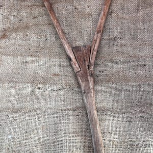 HANDHELD HOE TOOL Weeding Gardening Antique Early 1900s Handmade with Rustic Metal Blade Small Nails Hold Carved Wood Pieces 18” x 7”