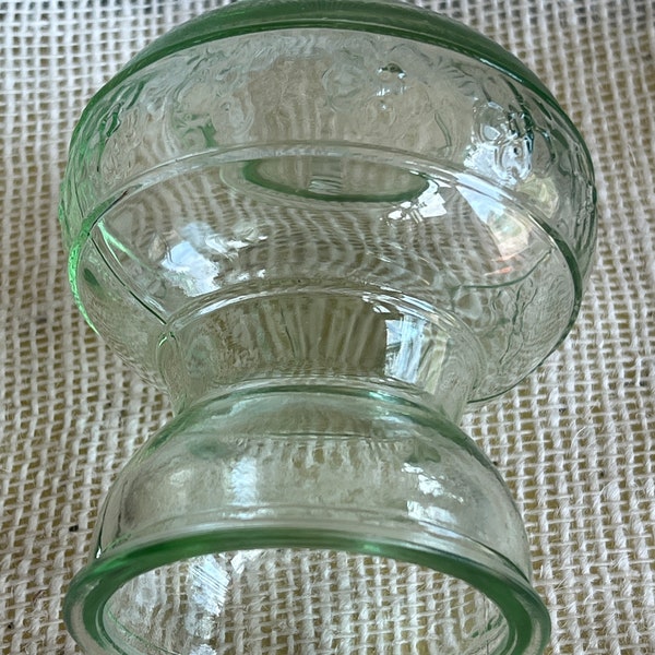 Vintage Green Tinted Glass 4” Tall Bulb Forcing Vase Embossed with Floral Design Beautiful SIMPLICITY