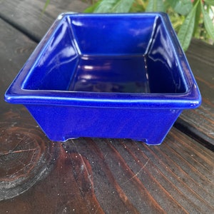 May include: A small, rectangular blue ceramic planter with a smooth, glossy finish. The planter has a slightly raised rim and four small feet.