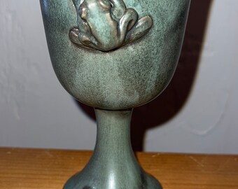 Handmade Pottery with FROG Stemmed Cup, Goblet