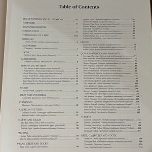 May include: A table of contents page from a book about birds. The page lists different types of birds, including ostriches, cassowaries, loons, cormorants, herons, bitterns, storks, ibises, spoonbills, flamingos, American vultures, hawks, eagles, falcons, merlins, swans, geese, and ducks. The page also includes a list of quails, partridges, and pheasants.