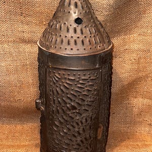 Primitive PIERECED-TIN Candle LANTERN Circa 1840s 15.5” tall x 5.5” wide Antique Original Unique