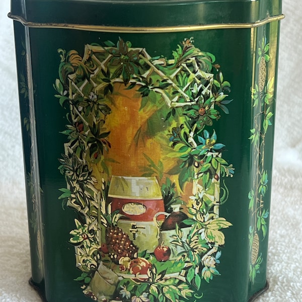 Vintage Christmas Tin Canister PINEAPPLES Green VINES and Fruit Decorative England TIN 1981