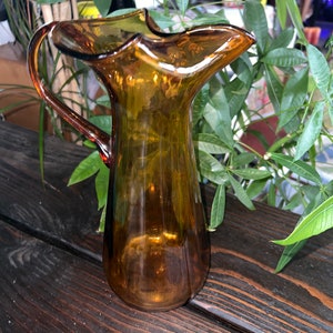 Large 12” AMBER Bubbled Glass Pitcher Hand Blown Unbelievable