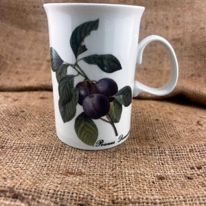 May include: White ceramic mug with a black and green illustration of plums on a branch. The text "Prunus Domestica" is printed on the bottom of the mug.