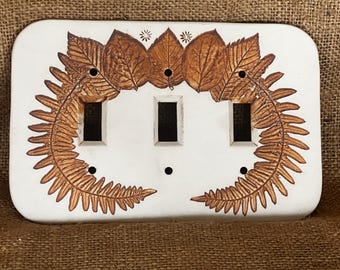 3 Light SWITCH PLATE COVER with Brown Ferns & Leaves Stamped into Ceramic Made by Day 1999 Boho Country Deco 7.75” x 5”