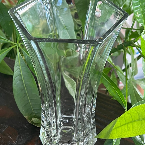 Vintage HEAVY Glass Vase Hexagon Clear Flower Vase 8.75” tall