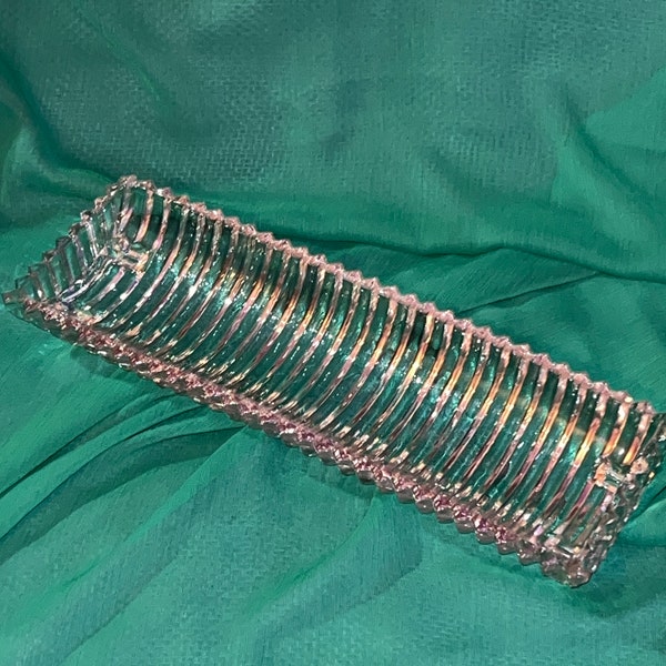 Vintage Heisey Ribbed Rectangular Footed Crystal Serving 12” Tray