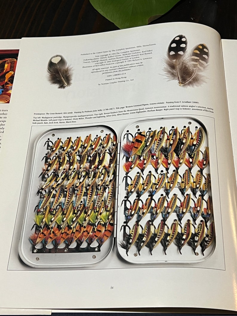 May include: A close-up of a fly fishing tackle box filled with a variety of colorful flies. The box is open and the flies are arranged in rows. The flies are made of feathers, fur, and other materials.