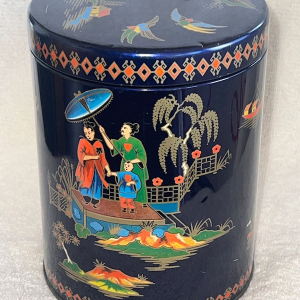 Vintage Asian Tea Tin Canister Container Cobalt Blue Oriental Daher England 5.75” tall 4.25” diameter