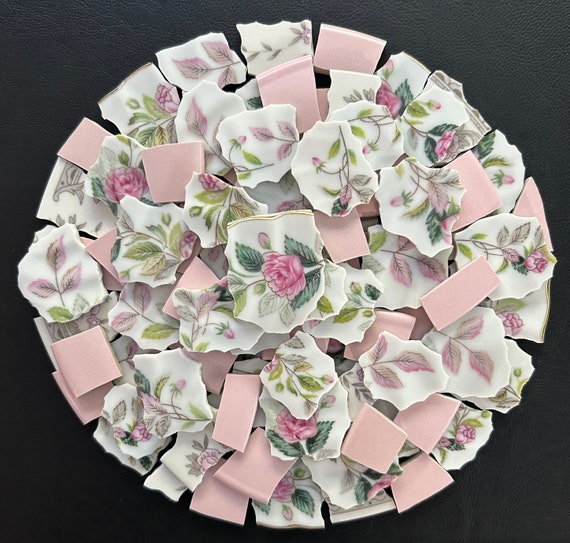 Rose Pattern mosaic pieces, mosaic tiles, broken dishes, china pieces, broken china, hand cut, ceramic pieces