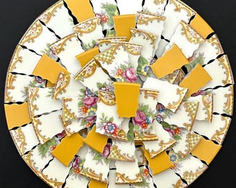 vintage gold and floral mosaic china pieces, mosaic tiles, broken dishes, ceramic pieces, china tiles, hand cut mosaics