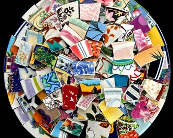 assorted mosaic pieces, mixed mosaic tiles, broken dishes, ceramic pieces, broken china, china tiles, hand cut, assorted mosaic tiles