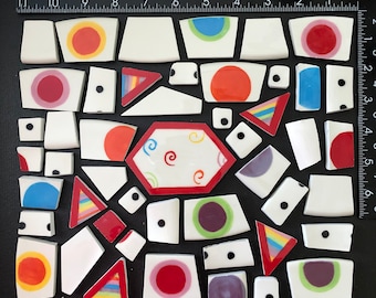 Mosaic Tiles, Hand Cut China Ceramic Pieces, Broken Dishes, DIY Art Craft Supplies, Focal, Coordinating Set, Red, Orange, Blue, Black dot