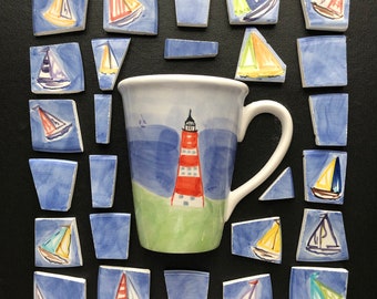 sailboat, half mug, mosaic pieces, broken dishes, china ceramic pieces, DIY art craft supplies, focal, coordinating set, blue, red, green