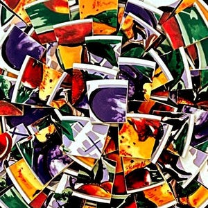 May include: A collection of ceramic shards arranged in a circular pattern, featuring vibrant colors including deep purple, bright yellow, forest green, and red. The fragments display abstract shapes and painted patterns with white edges.