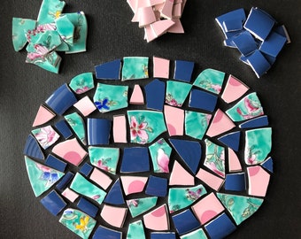 green, pink, blue, mosaic pieces, broken dishes, china, ceramic, DIY art craft supplies, coordinating colors, patterns and solids.