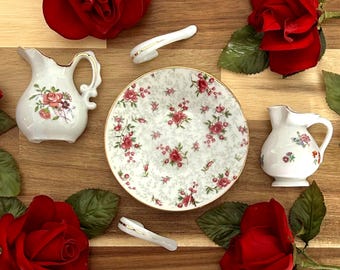 Small floral half pitchers, mosaic embellishments, small round plate, mosaic pieces, ceramic pieces, broken dishes, cut china