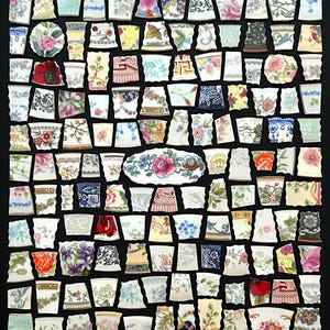 May include: A collection of numerous ceramic shards arranged in a grid, featuring diverse floral patterns, geometric borders, and intricate designs in various colors including blue, red, pink, green, and yellow, with one central oval piece.