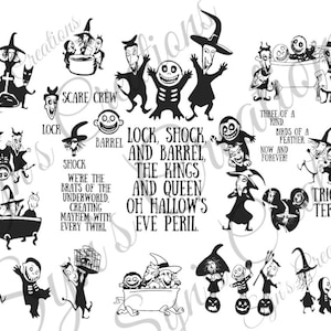 Pode incluir: Ilustração digital em preto e branco de personagens do filme O Estranho Mundo de Jack. Os personagens estão dispostos em uma colagem com texto que diz "Lock, Shock, and Barrel, the Kings and Queen Oh Hallow's Eve Peril."