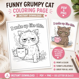 Funny Grumpy Cat Coloring Page – Coffee Lover Printable (PDF + PNG)