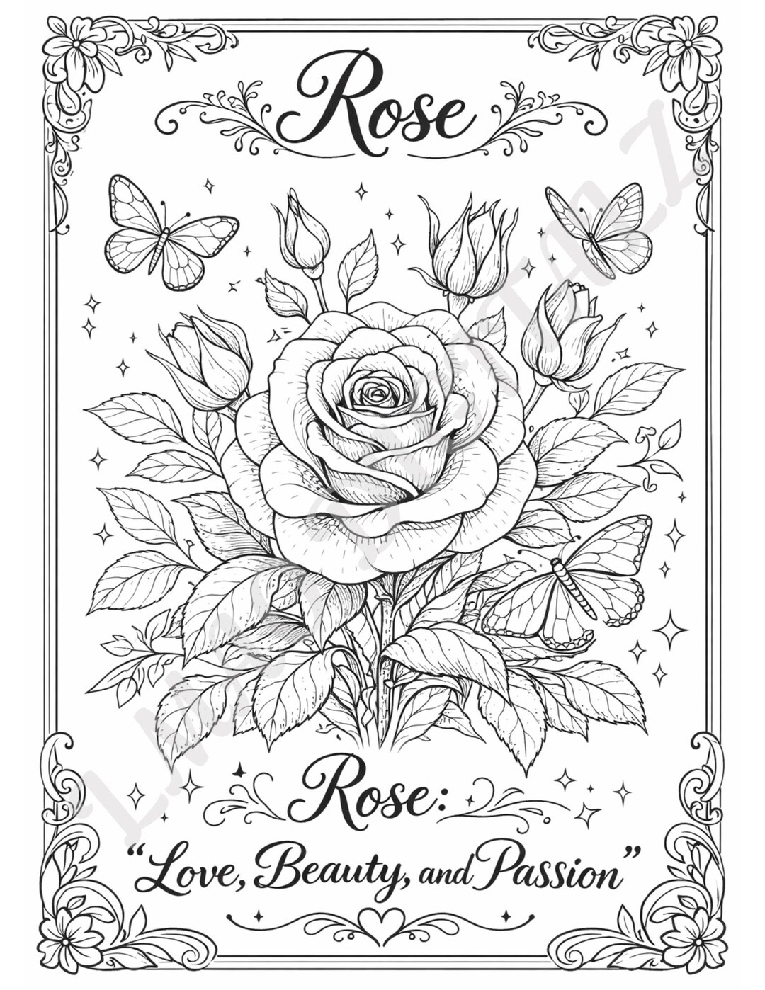 Cursive Roses Color Page Rose Coloring Page โ Language of Flowers Botanical Art (digital ...