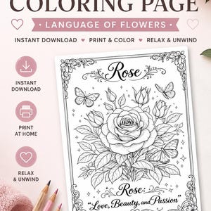 Kleurplaat van een roos – De taal van de bloemen, botanische kunst (digitale download)