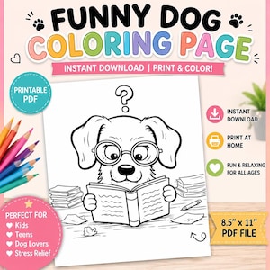 Funny Dog Coloring Page – Reading Book Upside Down (PDF Printable, 8x10")
