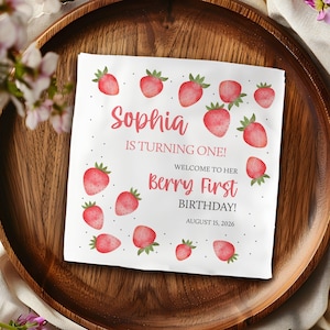 Berry First Birthday Cocktail Napkins, Garden Strawberry 1st Birthday Napkins Berry Sweet Newborn Baby Girl First Year Birthday Party Napkin
