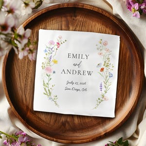 Serviettes de table à cocktail de mariage fleurs sauvages colorées élégantes, serviette de table de mariage jardin bohème, serviette de table florale douche nuptiale la nuit avant le dîner répétition