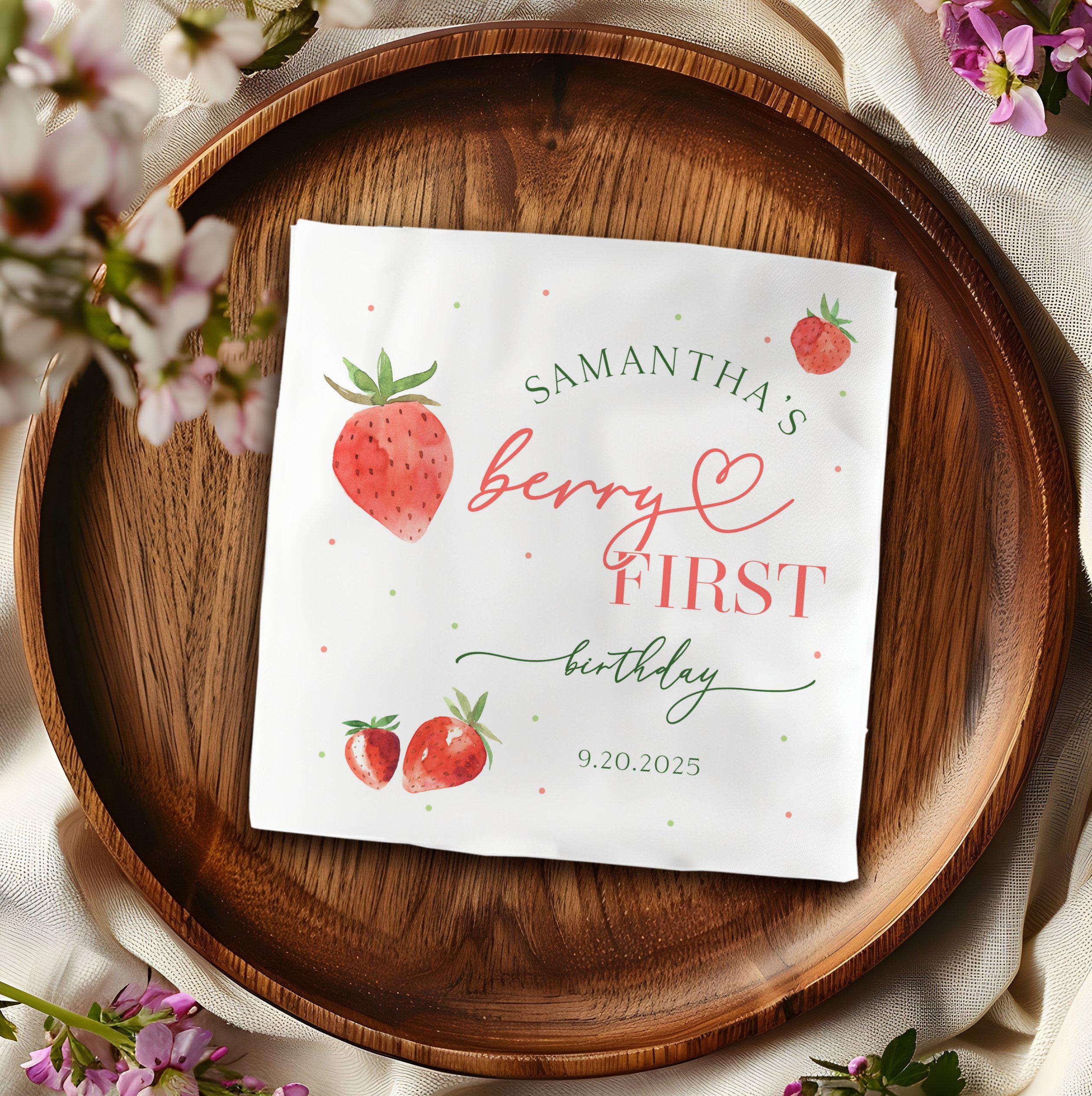 Berry First Birthday Cocktail Napkins, Garden Strawberry 1st Birthday Napkins, Watercolor Newborn Baby Girl First Year Birthday Party Napkin