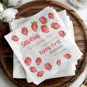 Berry First Birthday Cocktail Napkins, Garden Strawberry 1st Birthday Napkins Berry Sweet Newborn Baby Girl First Year Birthday Party Napkin