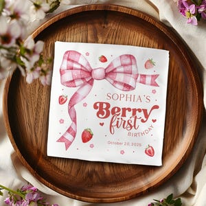 Checker Bow Berry First Birthday Cocktail Napkins, Garden Strawberry 1st Birthday Napkin Boho Newborn Baby Girl One Year Old Birthday Napkin