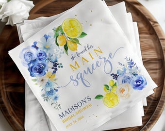 Main Squeeze Citrus Blue Floral Wedding Cocktail Napkins, Garden Wedding Napkin Lemon Bridal Shower The Night Before Rehearsal Dinner Napkin