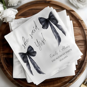 Black Bow She Said Yes Modern Engagement Party Cocktail Napkins, Cheers Wedding Napkin, The Night Before Bridal Shower Wedding Couple Napkin