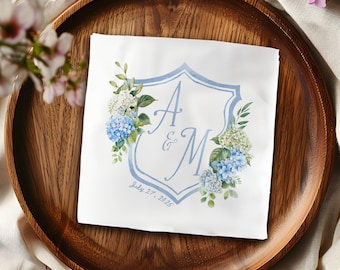 Blue Hydrangea Wedding Crest Monogram Cocktail Napkins, Boho Flower The Night Before Wedding Napkin, Bridal Shower Luncheon & Dinner Napkin