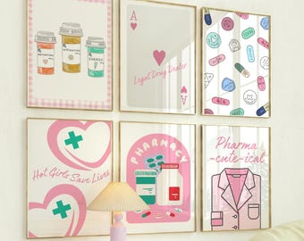 Cute pharmacy wall art set of 6, pharmacist gift idea, Pink Medical Prints, Funny Pharmacy Art (Digital Download)