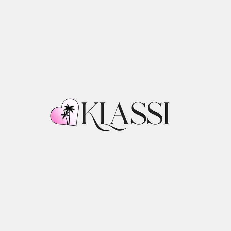 May include: The word "KLASSI" in black, elegant script. A heart-shaped logo with a pink gradient and two palm trees is on the left. The background is a solid, light gray.