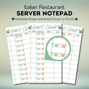 May include: White server notepad with the text "Italian Restaurant SERVER NOTEPAD" and "Includes Soup and Salad Icons to Circle". The notepad has a grid layout with spaces for drinks, entrees, and apps.