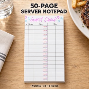 May include: A 50-page server notepad measuring 8.89 by 15.24 cm. The white paper features the text Guest Check in pink script, blue and pink heart icons, and a grid with columns for drinks, entrees, and sides, including temperature indicators.